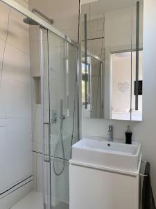 ein weißes Bad mit einem Waschbecken und einer Dusche in der Unterkunft SKY in Lugano