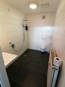 a bathroom with a shower and a toilet and a sink at 3 Bett Zimmer in Ramstein-Miesenbach