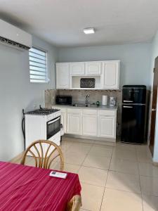 a kitchen with white cabinets and a black refrigerator at Casa Magdalena in San Juan