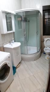 a bathroom with a shower and a toilet and a sink at Apartment Heart of Podgorica in Podgorica