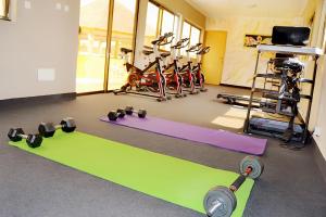 een fitnessruimte met groene en paarse matten en fitnessapparatuur bij Hôtel Printemps Mont Korhogo in Korhogo