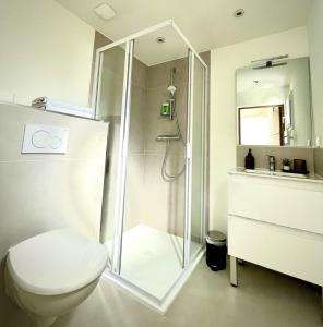 uma casa de banho com um chuveiro, um WC e um lavatório. em Maison de ville tout confort à Cannes et à 10 Minutes à pied de la plage em Cannes