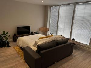 ein Schlafzimmer mit einem Bett, einem Sofa und einem TV in der Unterkunft Lovely 1-bedroom apartment in London N1 in London