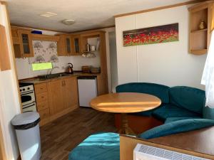sala de estar con sofá y mesa en la cocina en Shambala Country Cabin, en Kentisbeare