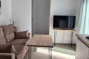 uma sala de estar com um sofá e uma televisão de ecrã plano em Ático Corazones em Granada