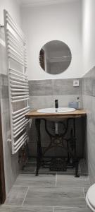 La salle de bains est pourvue d'un lavabo et d'un miroir. dans l'établissement Apartmán Houmr, à Jáchymov