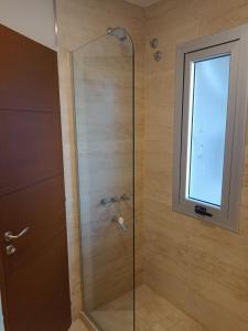 a shower with a glass door and a window at TORRE GUAYASAMIN in Corrientes