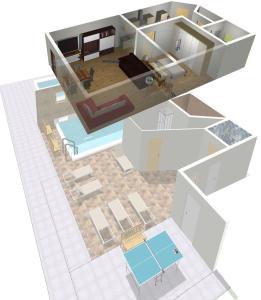 a floor plan of a house with a pool at Ferienwohnung Freudensee im Bayerischen Wald - Pool, Sauna in Hauzenberg