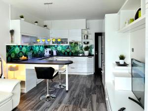 プラハにあるBritish Quarter Apartmentsのキッチン(白いキャビネット、黒いカウンタートップ付)