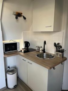 eine kleine Küche mit einer Spüle und einer Mikrowelle in der Unterkunft Le Pons Episcopi in Pont-lʼÉvêque