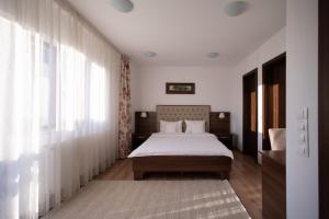 - une chambre avec un lit et une grande fenêtre dans l'établissement Pensiunea Encian, à Colibiţa