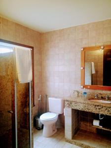 uma casa de banho com um WC, um lavatório e um espelho. em Solar da Ponte em Tiradentes