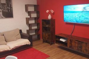 ein Wohnzimmer mit einem Sofa und einem Flachbild-TV in der Unterkunft Precioso piso-apartamento en barrio de Zaragoza in Saragossa