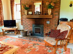 uma sala de estar com uma lareira com um sofá e uma cadeira em Fraoch Cottage em Garrykennedy
