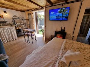 sypialnia z łóżkiem i telewizorem na ścianie w obiekcie El Nido Fuente Hervera. Precioso Loft con Bañera de Hidromasaje w mieście Vega de San Mateo