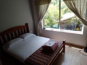 1 dormitorio con 1 cama y ventana grande en Sendero del Rio Finca Hotel en San Rafael