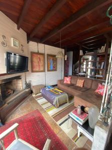 a living room with a couch and a tv at Pousada Vale das Flores in Nova Friburgo