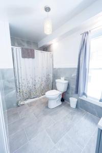 uma casa de banho com um WC e uma cortina de chuveiro em The Haines Villa em Niagara Falls