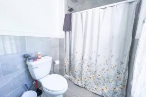 a bathroom with a toilet and a shower curtain at The Haines Villa in Niagara Falls