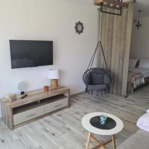 ein Wohnzimmer mit Fernseher und Sessel in der Unterkunft Łebskie Zacisze - apartamenty Łebska Ostoja- Piaskowa in Żarnowska