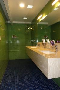 een groene badkamer met een wastafel en een spiegel bij Terra Vista in Guanajuato