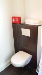 La salle de bains est pourvue de toilettes blanches et d'une armoire marron. dans l'établissement T2 à Anglet grande terrasse vue mer, plage à pied., à Anglet