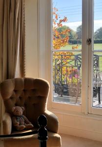 a teddy bear sitting in a chair next to a window at Farthings Country House Hotel & Restaurant Tunton in Taunton
