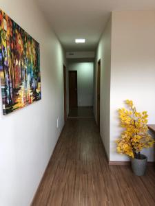 a hallway with a painting on the wall and a plant at Pousada HD in Nova Friburgo
