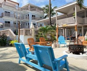 a group of blue chairs in front of a building at La Isla Resort in Caye Caulker