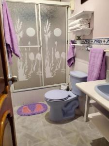 a bathroom with a shower with a toilet and a sink at Departamento Puyo Fantastic. in Puyo