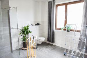 a bathroom with a toilet and plants in it at Haff Ostseeferienhaus unteres Apartment in Mönkebude +36 photos