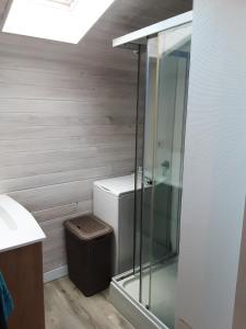 a bathroom with a glass shower and a trash can at Coquet T2 avec parking in Prigonrieux