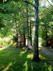 uma rede pendurada entre duas árvores num quintal em Au Pied Du Trieu, the glamping experience em Labroye