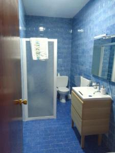 La salle de bains bleue est pourvue de toilettes et d'un lavabo. dans l'établissement Casa Lope de Vega, à El Pedroso
