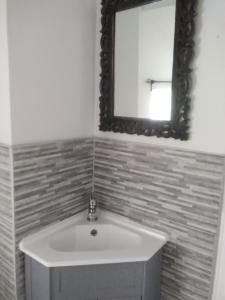 a bathroom with a sink and a mirror at Holly Tree B&B in Bromyard