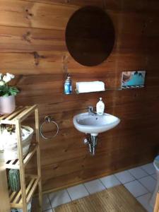 a bathroom with a sink and a mirror at Gemütliches Holzhaus in idyllischer Lage in Ruppichteroth