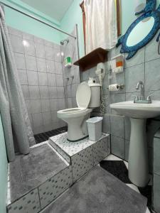 La salle de bains est pourvue de toilettes et d'un lavabo. dans l'établissement Sea n sun Guest House, à Caye Caulker
