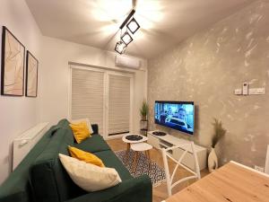 salon z zieloną kanapą i telewizorem w obiekcie Apartamenty pod Wieżą - Tatarska w mieście Przemyśl