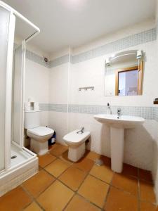 a bathroom with a sink and a toilet and a mirror at Maribel ERB Alojamientos in Sierra Nevada