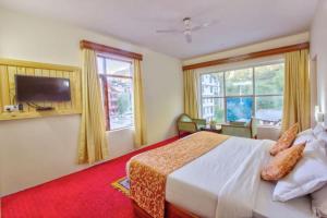 マナリにあるAyushman Hotelsのベッドルーム1室(ベッド1台、テレビ、窓2つ付)