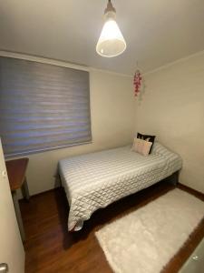 a small bedroom with a bed with a window at CASA AGRADABLE in Santiago