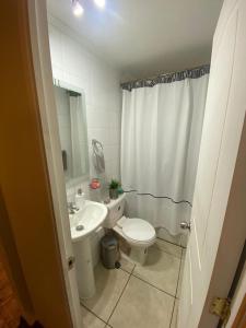 a bathroom with a white toilet and a sink at CASA AGRADABLE in Santiago