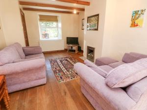 a living room with two couches and a tv at Pippin Cottage in Penzance
