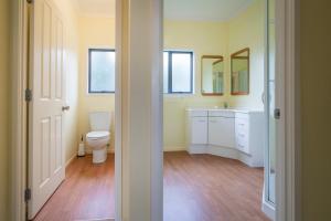 a bathroom with a toilet and a sink and mirrors at Hosts on the Coast Laze Away on Cook in Cooks Beach