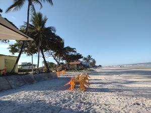 a picnic table on a beach with palm trees at Sobrado aconchegante in Ilhéus