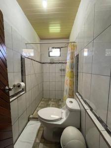 a small bathroom with a toilet and a shower at Large & Confortable Family House in Fortuna +23 photos