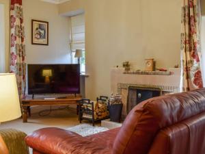 a living room with a couch and a television and a fireplace at Westholme in Saint Fillans