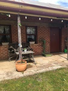 a patio with a table and a tree in front of a brick house at Bethany Cottages in Bethany