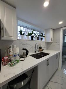 eine Küche mit weißen Schränken, einem Waschbecken und einem Fenster in der Unterkunft Falstaff Home in Toronto