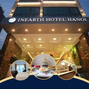 een uitzicht op een hotellobby met een tafel met eten bij Inearth Hotel in Hanoi